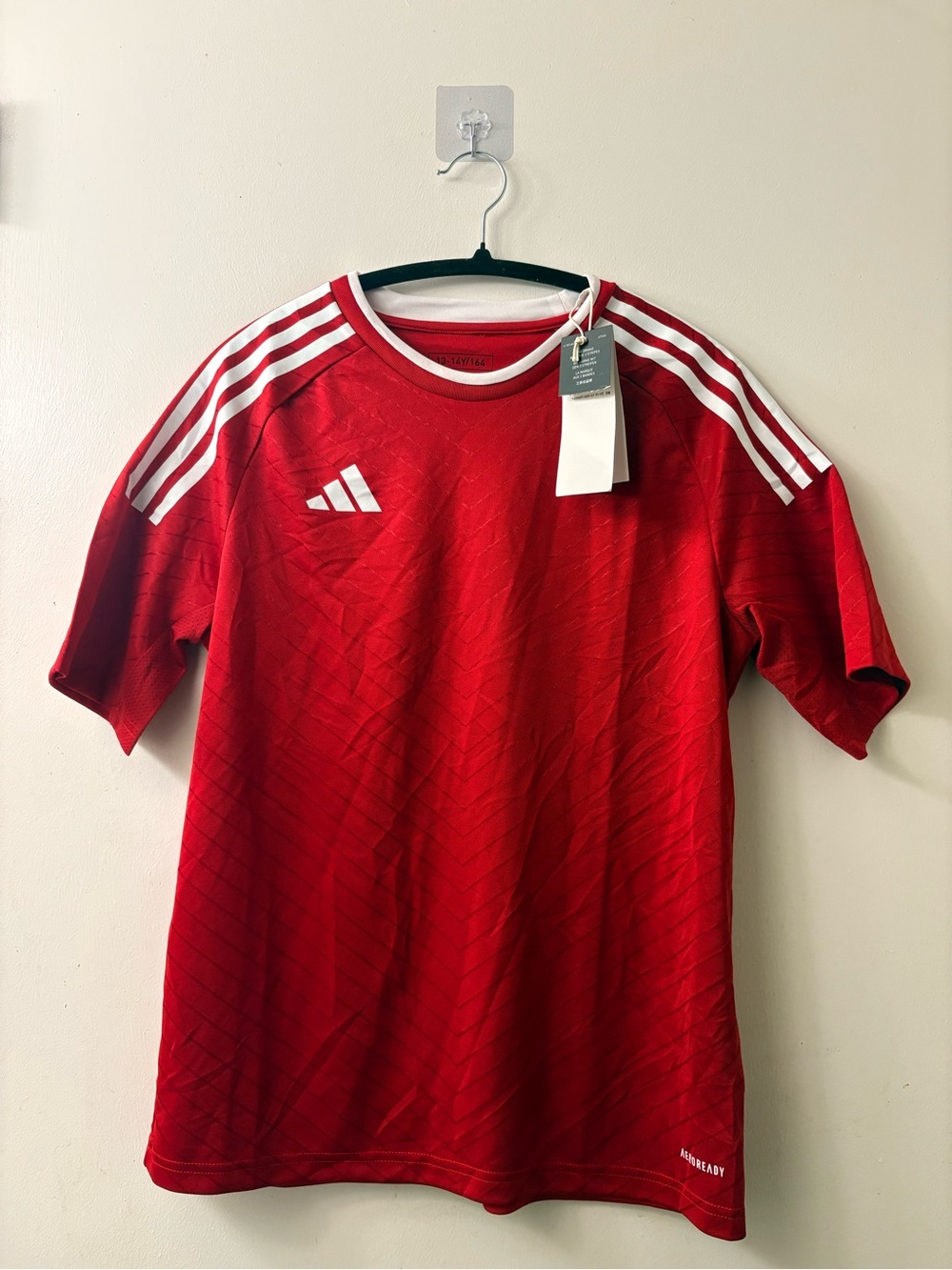 adidas Red Short-Sleeve Soccer Jersey with White Stripes
